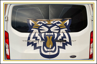 wild cat decal on the back of a school van
