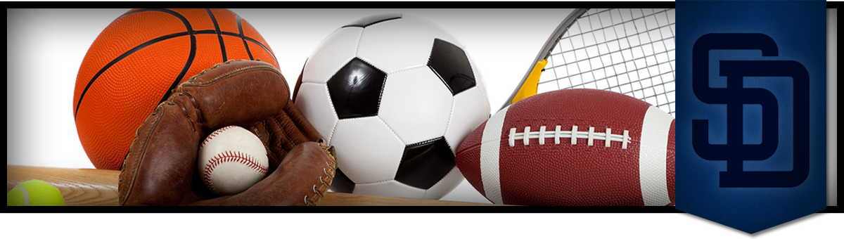 athletic equipment such as basketball, baseball glove and ball, football and a soccer ball