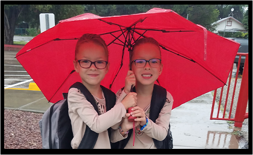 Twin girls holding umbrella together